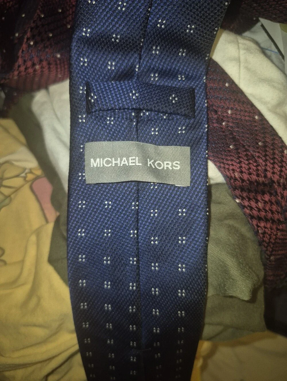Michael Kors Navy Silk Tie with Small White Dot Pattern